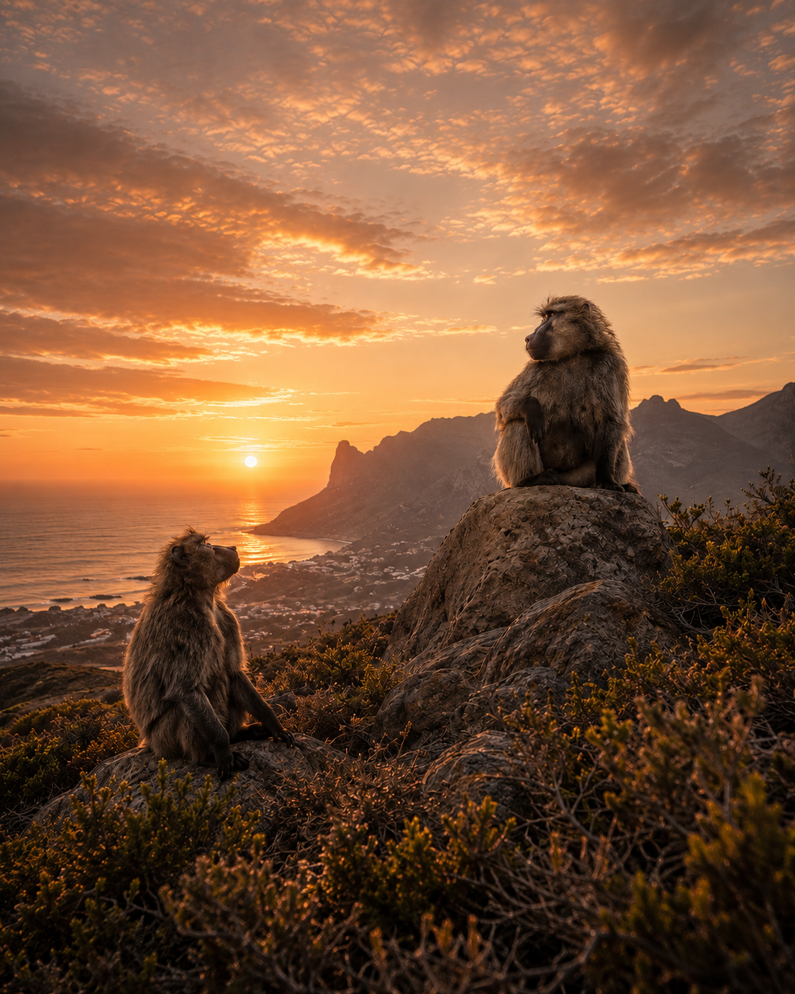 Two wild baboons overlooking the Cape Peninsula at sunset