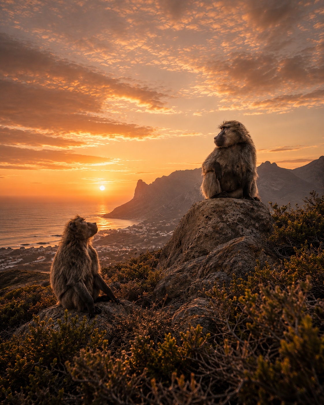 Wild baboons in the Cape Peninsula at sunset