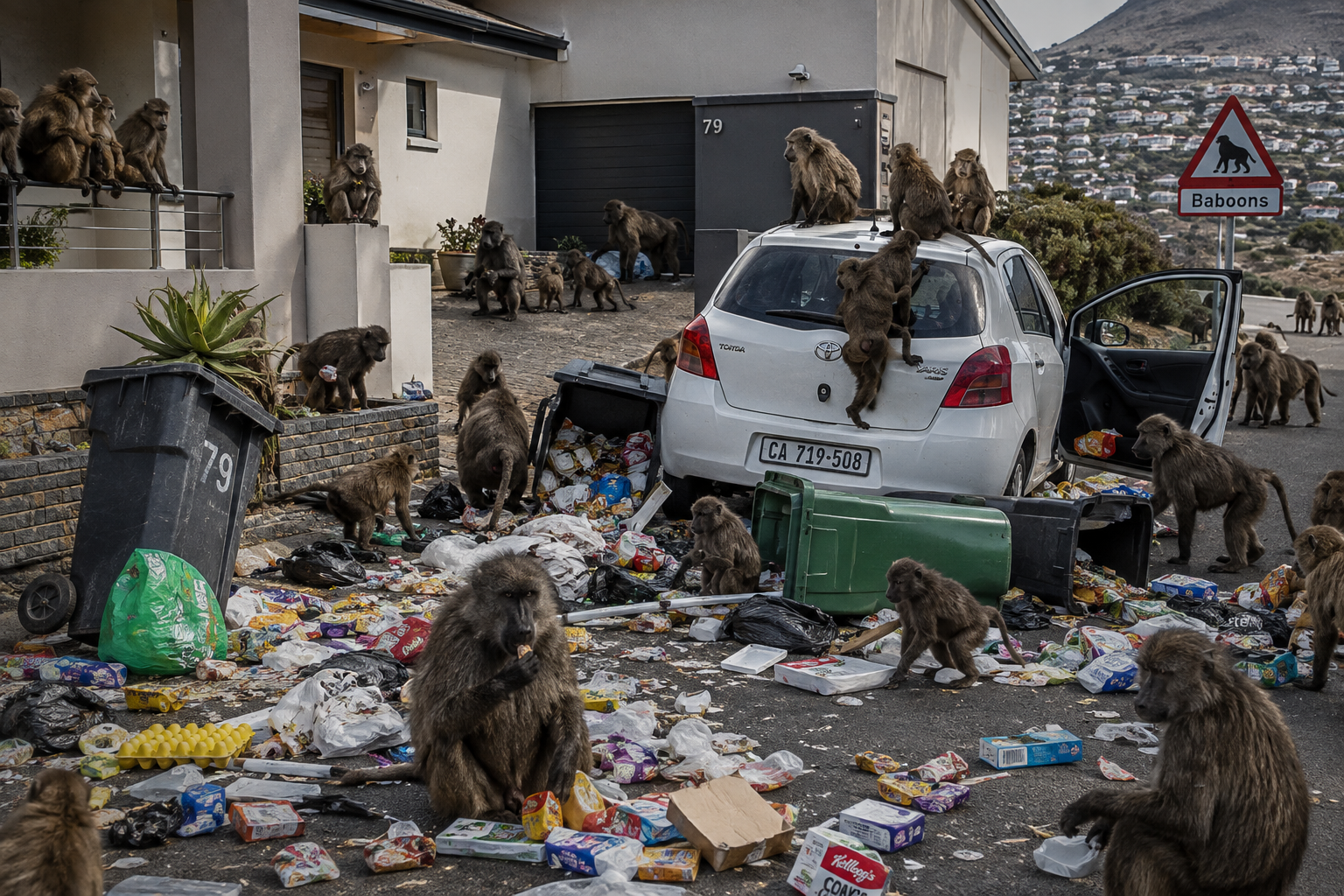 Baboons raiding a suburban home and bins