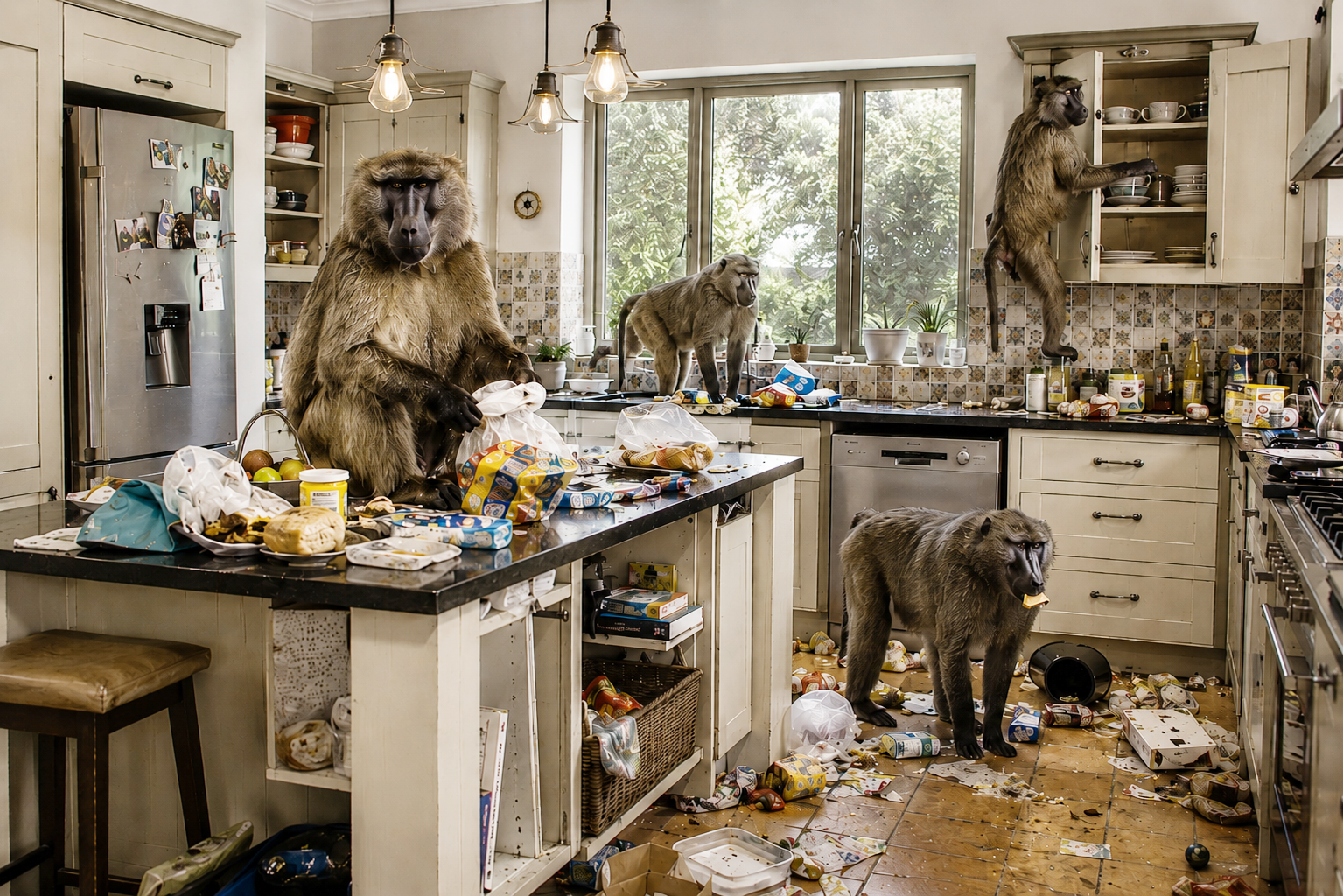 Baboon in a bright kitchen