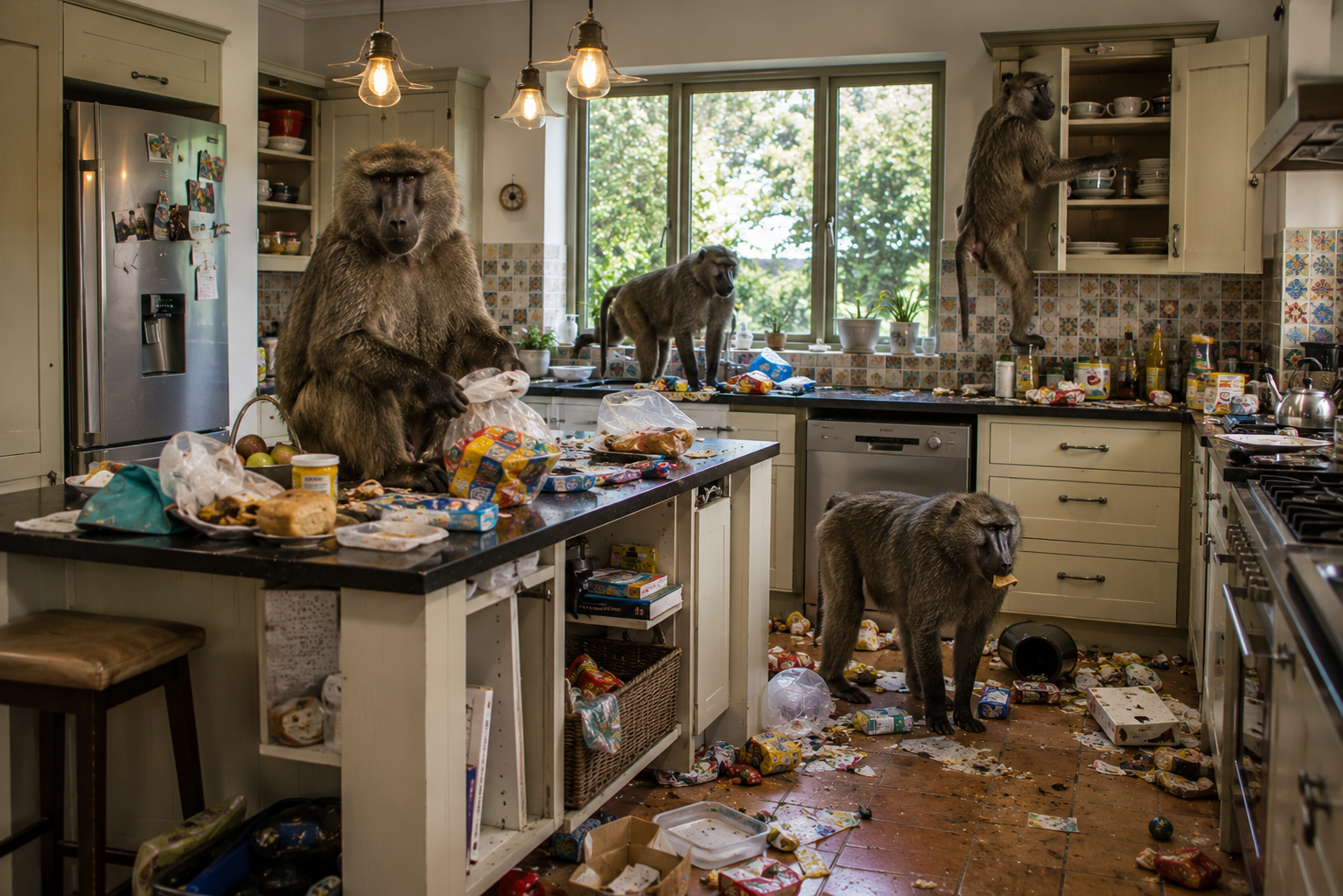 Several baboons raiding a colourful kitchen