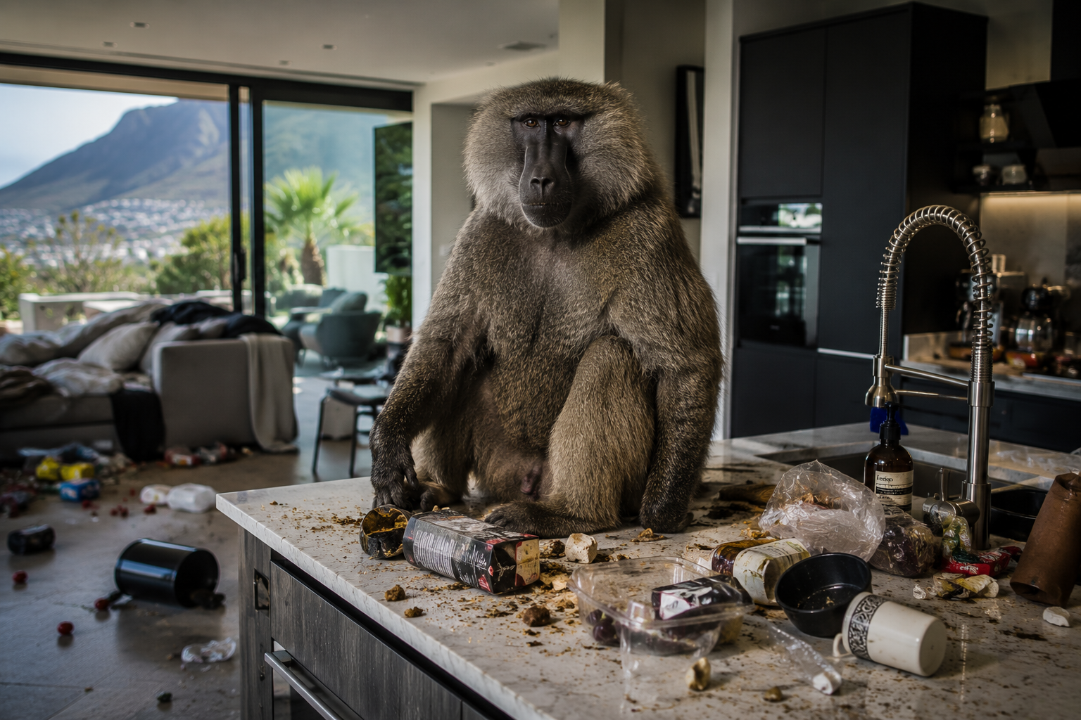 Baboon inside a modern kitchen