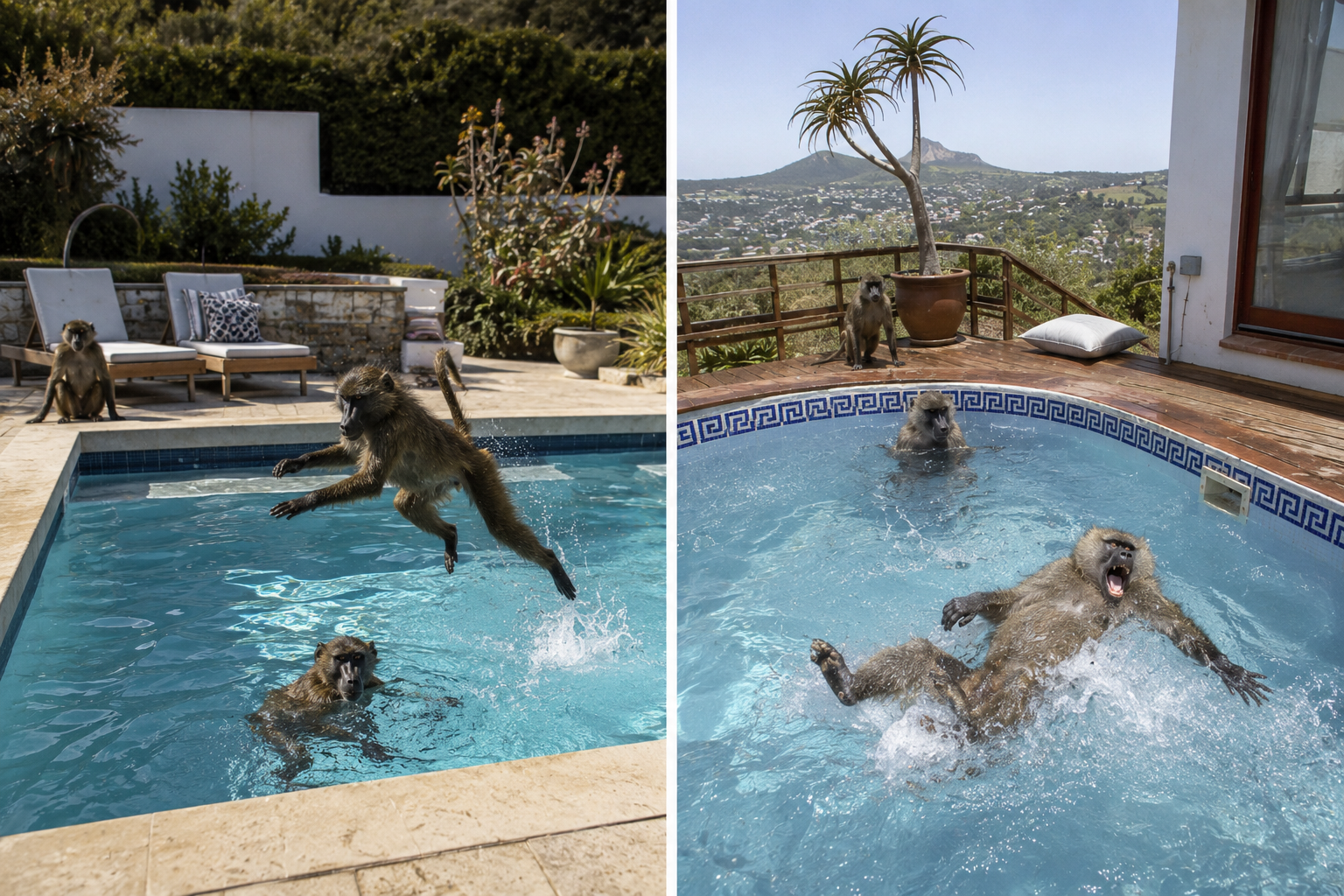 Baboons playing in suburban swimming pools